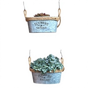 Jardinière suspendue en métal galvanisé rustique antique avec bordure en corde pour fleurs et plantes de jardin - Product Image 1
