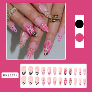 Faux ongles 3D personnalisés en gros à motif floral rose – Ongles artificiels adhésifs en forme d'amande ou carrés, style Sweet Wearable - Product Image 2