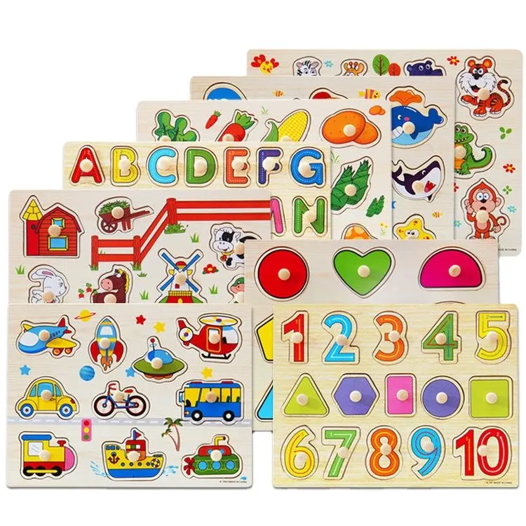 Mainan edukasi Dini Anak 30cm mainan teka-teki kayu pegangan tangan bayi mainan jigsaw kayu edukasi pembelajaran angka dan alfabet