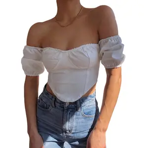 Dernière conception dames blanches tops off épaule mince sexy crop top blouses pour l&#39;été