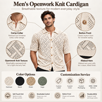 Chemise en tricot personnalisée FNJIA pour homme, col rabattu, tricot ajouré en chevron, tissu beige doux, tenue décontractée quotidienne d'été