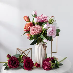 Flores artificiales de seda, capullos de rosas, arreglo de ramo realista para decoración, centros de mesa de fiesta de boda