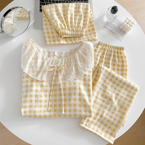 Women's Summer Spring Autumn <b>Lace</b> Cotton Pajamas Big Lapel Neck Short Sleeve <b>Elastic</b> Waist Breathable Soft - Product Image 4