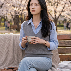 Pull ample en laine sans manches pour femme, col en V, superposé - Product Image 2