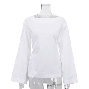 Vêtements pour femmes du printemps, hauts personnalisables en gros, bandage, t-<span class=keywords><strong>shirt</strong></span> <span class=keywords><strong>blanc</strong></span> uni, <span class=keywords><strong>femme</strong></span>, manches longues évasées, t-shirts en coton uni - Product Image 4