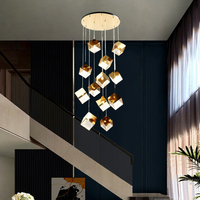 Lustre en cristal LED suspendu réglable en hauteur, style géométrique cube, pour escalier, duplex, salon, hall d'hôtel