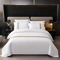 Ensemble de literie de luxe pour hôtel, 100% coton, 6 pièces, blanc et bleu, ruban jacquard, hôtel 5 étoiles, lit queen et king, vente en gros, OEM, logo personnalisé