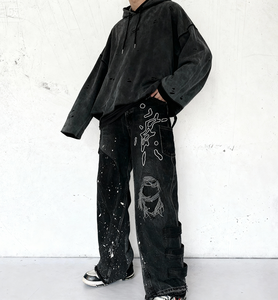 Jeans délavés vintage délavés pour hommes Streetwear HipHop Baggy Loose Fit Wide Leg Brodé Stonewashed Casual - Product Image 2