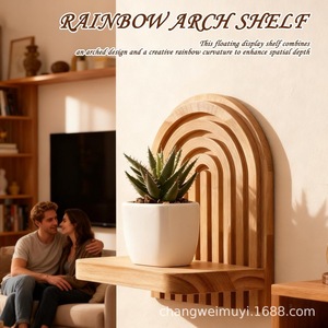 Wooden <b>Wall</b> <b>Mounted</b> <b>Shelf</b> Geometric Design Solid Wood Living Room Kitchen Bedroom Storage Display Rack Single Layer - Product Image 4