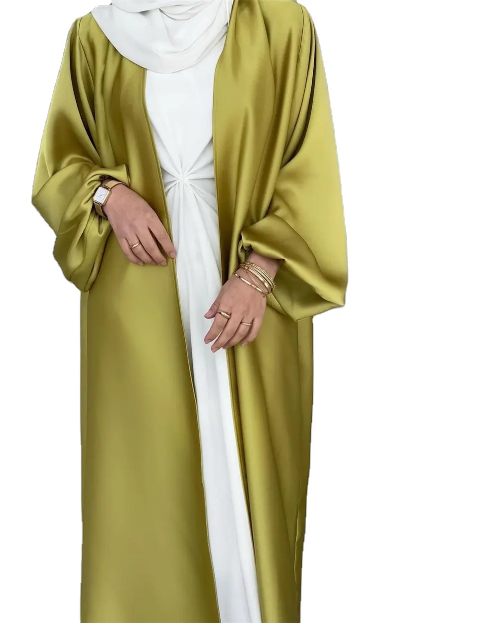 Muslim Islamic Clothing Bubble Sleeve Silk Satin Middle Eastern Cardigan Robe Muslim Abaya With Pocket