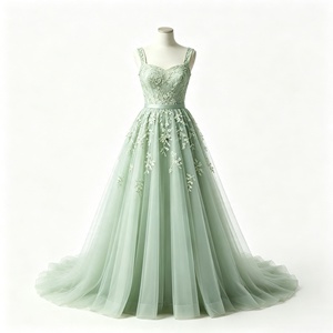 Abito da <span class=keywords><strong>damigella</strong></span> romantico <span class=keywords><strong>verde</strong></span> salvia, formale da sera, con spalline larghe, scollo a cuore, pizzo floreale, tulle morbido e fluido, lunghezza a terra - Product Image 1