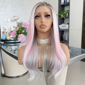 Perruque synthétique de qualité supérieure 13x4 Lace Front, dentelle transparente, densité naturelle 150%, haute température, couleur argentée rose - Product Image 2