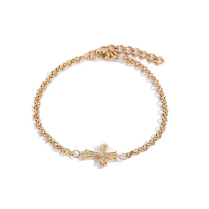 Bracciale a catena con croce in acciaio inossidabile tempestato di cristalli, bicolore oro e argento - Product Image 3