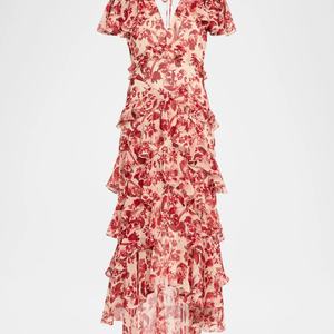 ชุดแมกซี่เดรสเอวสูงคอวีของผู้หญิงลายดอกไม้แต่งระบายซักได้สไตล์วันหยุดพักผ่อนริมทะเล - Product Image 2