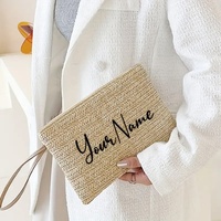 Sac de maquillage en paille écologique avec logo personnalisé, portefeuille tissé brodé, sac de voyage à fermeture éclair pour téléphone, sacs de mode pour femmes