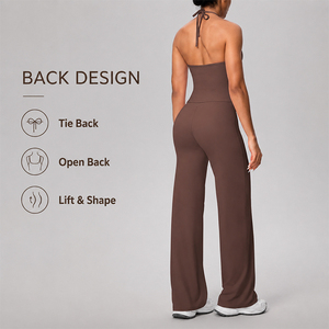 Conjunto de Yoga para Mujer: Top Halter con Lazos en la Espalda y Pantalones de Pierna Ancha de Cintura Alta, Suaves y Ajustados, 2 Piezas para Gimnasio, Correr y Entrenamiento - Product Image 3