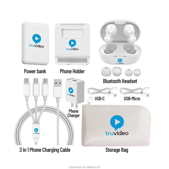 Tailored Gifts Gift Set Organizer Storage Bag 3000mAh Power Bank 3 in 1 Charging Cable Phone Holder Stand Charger Earphone
