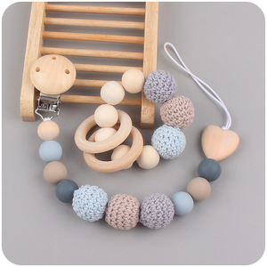 2-Piece Set <strong>Wooden</strong> Pacifier <strong>Clip</strong> with Silicone <strong>Teether</strong> Anti-Chain Baby Product - Product Image 1