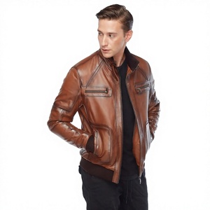 Chaqueta de Cuero Marrón para Hombre, Estilo Bomber, Cuello Mao, Cierre de Cremallera, Color Sólido, Calefactable, con Logotipo Frontal, Estilo Motero para Invierno - Product Image 5