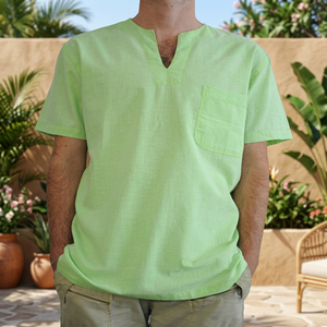 Trendy Light Green Cotton Mens <b>Shirt</b> Short Sleeve with V-Neck Fresh Take on Everyday Comfort - Product Image 2