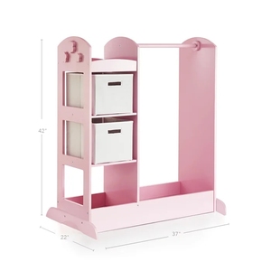 Armario de Madera para Disfraces Infantiles, Organizador de Disfraces con Puerta Abierta, Mueble Infantil con Ganchos y Espejo, Color Rosa - Product Image 3