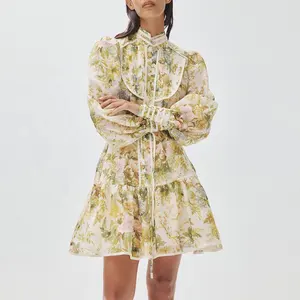 Women Balloon sleeves Shirtdress silhouette Yoke Stand collar with placket and shell buttons floral print linen mini dress