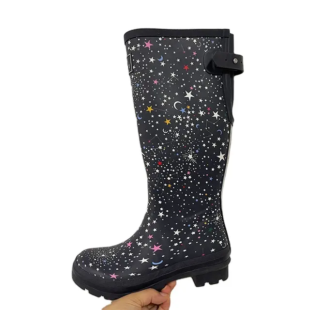 ladies women adult high heel knee high comfort custom print waterproof fancy rubber wellington rainy shoes rain boots for girls