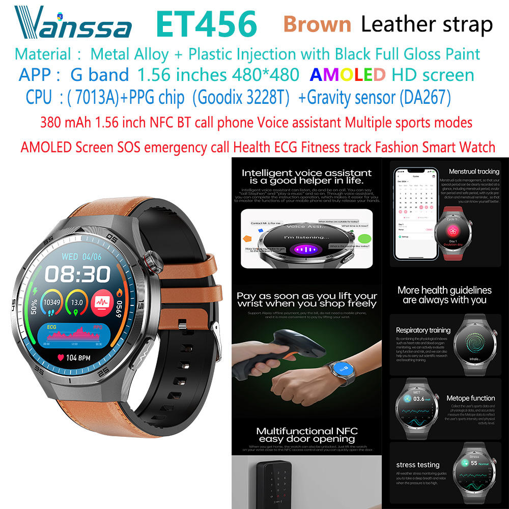 ET456-ECG-health-smart-watch หนังสีน้ำตาล