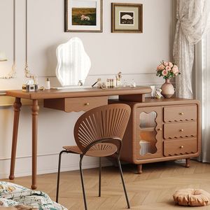 Petite coiffeuse minimaliste de style français avec tiroirs de rangement extensibles, meuble de maquillage en bois massif <span class=keywords><strong>sur</strong></span> roulettes - Product Image 5