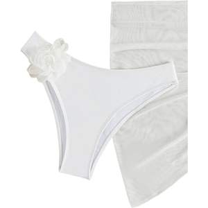 Conjunto de Bikini de 3 Piezas Personalizado para Mujer, Top Bandeau con Apliques Florales, Traje de Baño Elástico, Falda de Playa Blanca - Product Image 1