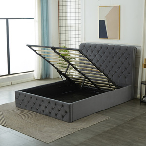 <span class=keywords><strong>Lit</strong></span> de Luxe en Velours Capitonnée avec Rivets, Tête de <span class=keywords><strong>Lit</strong></span> Haute, Gris Crème Noir, Tailles Double, Queen, King, avec Rangement et Système de Levage à Gaz - Product Image 1