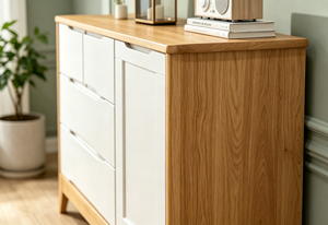 Armoire de rangement moderne en bois massif avec 3 tiroirs, porte à panneau plat, design scandinave pour l'entrée et le salon - Product Image 4