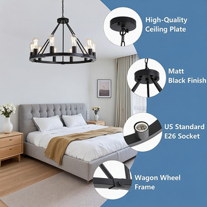 Rustic Iron Chandelier Round Black E26 Incandescent <b>Bulbs</b> For <b>Kitchen</b> Island Bar Restaurant Ceiling <b>Light</b> - Product Image 2
