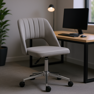 Silla de Oficina Ejecutiva con Respaldo Medio, Cuero Sintético Gris, Base Cromada, Giratoria, Ajuste Manual, Estilo Contemporáneo - Product Image 2