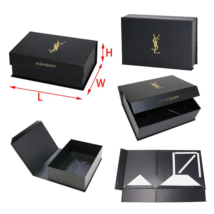 Luxe Elegante Zwarte Vouwen Doos Met Logo Gouden Foliedruk Zwarte Geschenkdoos Met Vouwen Magnetische Deksel Verpakking Verzending Doos