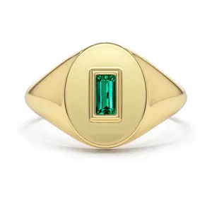 Men女性925スターリングシルバー14 18k Gold Baguette Emerald Signet Ring