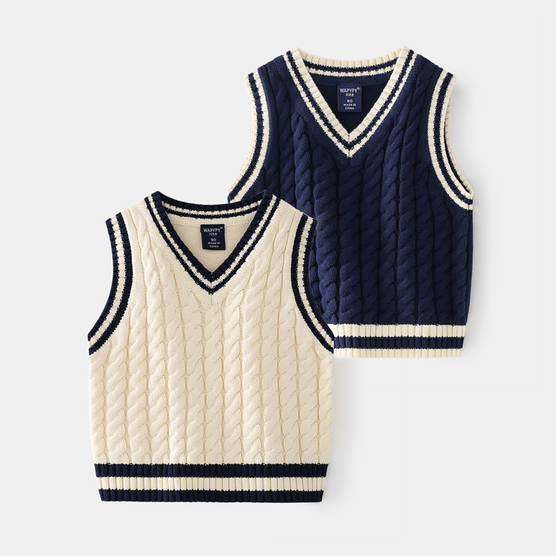 Casual Spring Autumn Children's Sweater Vest Solid Color Boys' V-neck Waistcoats Baby Pullover Sweater
