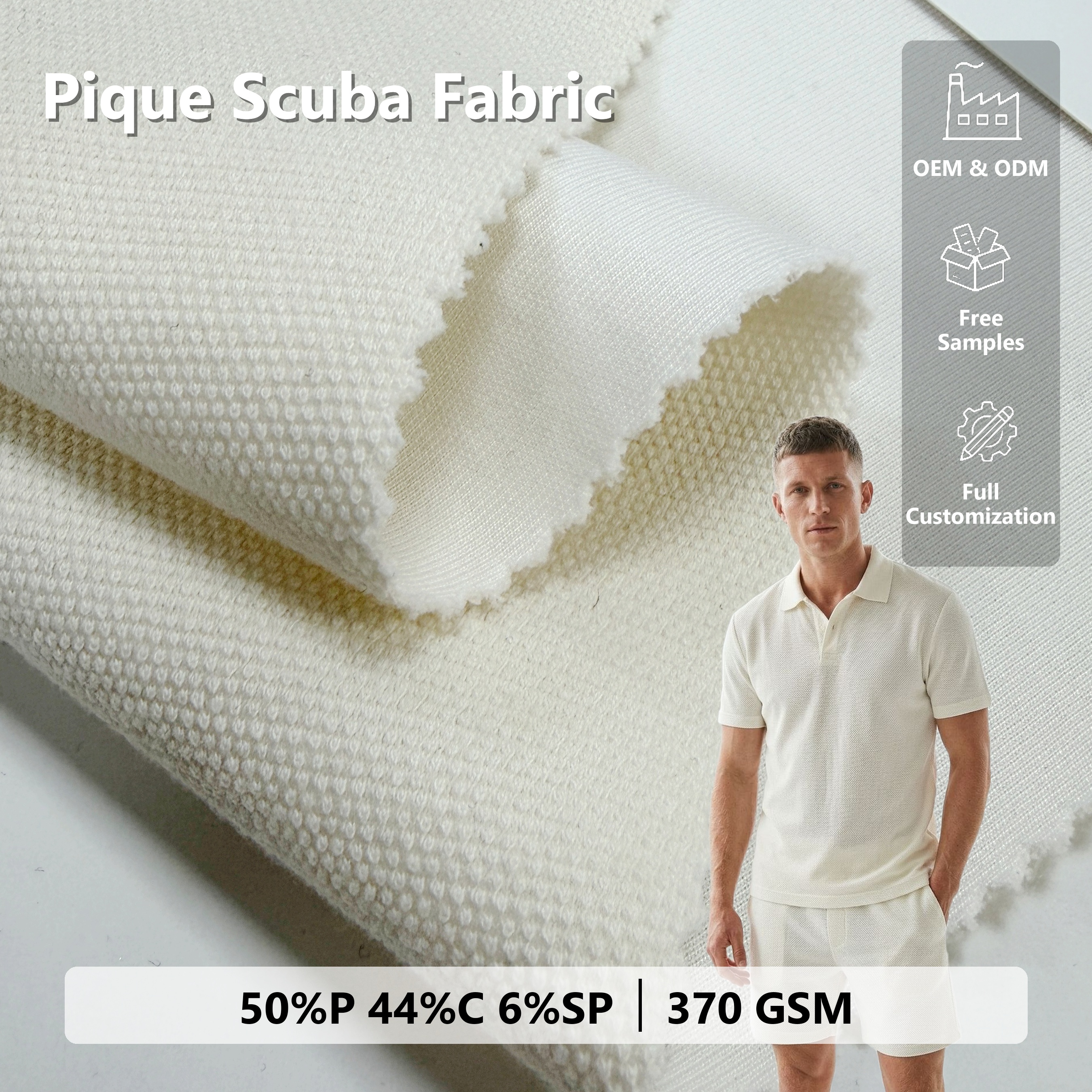 Heavyweight 370GSM CVC Pique Scuba Fabric Structured Cotton Polyester Double Knit Piquet For Blazers And Sweatshirts