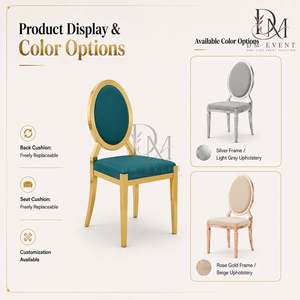 Chaise de mariage ronde en acier inoxydable doré avec dossier médaillon et revêtement vert sarcelle pour événements de mariage et banquets - Sièges événementiels - Product Image 4
