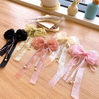 Épingle à cheveux queue de cheval pour filles super féerique rose ruban d'organza nœud pince à cheveux longue perle gland nœud papillon pinces à cheveux de printemps