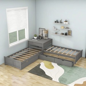 <span class=keywords><strong>Lit</strong></span> à plateforme double pleine grandeur en forme de L avec <span class=keywords><strong>lit</strong></span> gigogne et deux tiroirs de couleur blanche - Product Image 4