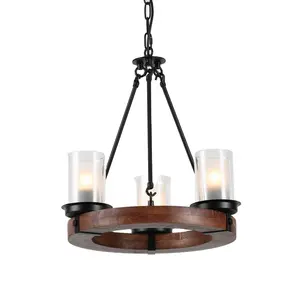 Round Wooden Adjustable Chain E26 Chandelier with Glass Shade Metal Pendant Five Lights Decorative Lighting Fixture Rustic Loft