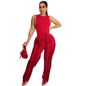 Ensemble deux pièces pour femmes, style européen et américain, pantalon à franges, hauts décontractés sans manches, dentelle, costume sexy d'été - Product Image 3