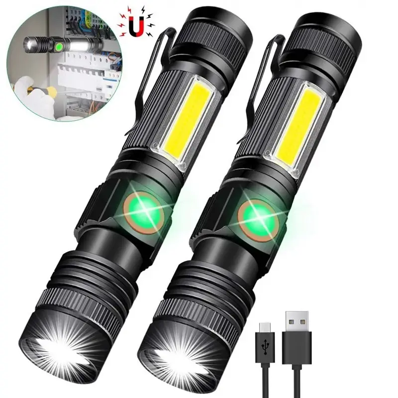 2022 New handy sturdy XM-L T6+COB 2 in 1 tactical zoom glare led flashlight TYPE-C rechargeable long range magnetic led torch