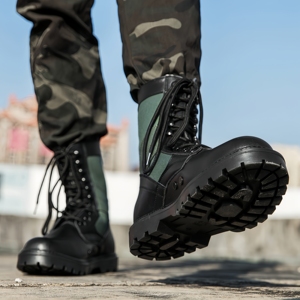 Bottes Martin mi-hautes en cuir véritable, chaussures de randonnée longues pour l'extérieur, grandes tailles - Product Image 1
