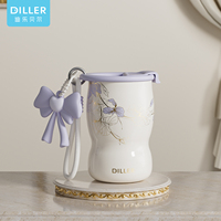 DILLER - Taza Aislada con Revestimiento Cerámico de 320 ml, Termo de Acero Inoxidable 316 con Adorno de Conejo para Mujeres y Niñas