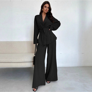 Setelan Wanita 2 Potong, Kedatangan Baru 2026 Blus Berikat dengan Celana Kaki Lebar, Setelan Kantor Elegan untuk Wanita. - Product Image 3