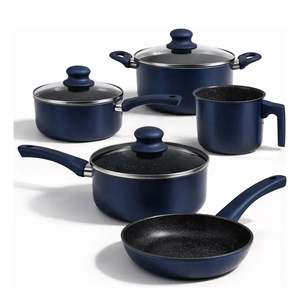 Modern 5-Piece Non-Stick Cookware Set Ceramic Coated Navy Blue Pots <b>Pans</b> Glass <b>Lids</b> Plastic Handles Induction Compatible - Product Image 1