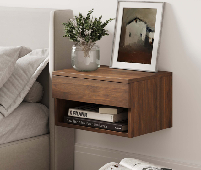Walnut Modern Industrial Bedroom Furniture Floating Wood Bedside Table with 1 Drawer for Wireless Charging for Hospital Use