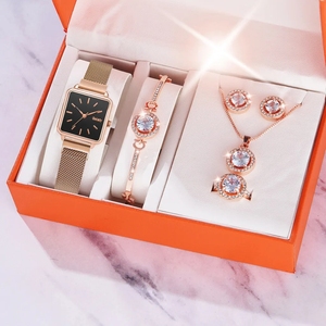 <strong>Magnetic</strong> Buckle Quartz Watch Diamond Jewelry Lady Watch Set Bracelet Necklace <strong>Earrings</strong> Ring Watch Set for Women Gift Set CD094 - Product Image 1